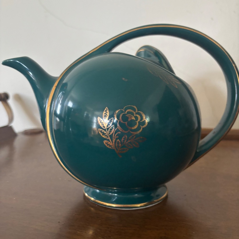 Vintage Hall China Emerald Green Gold Filigree Art Deco Mid Century Teapot